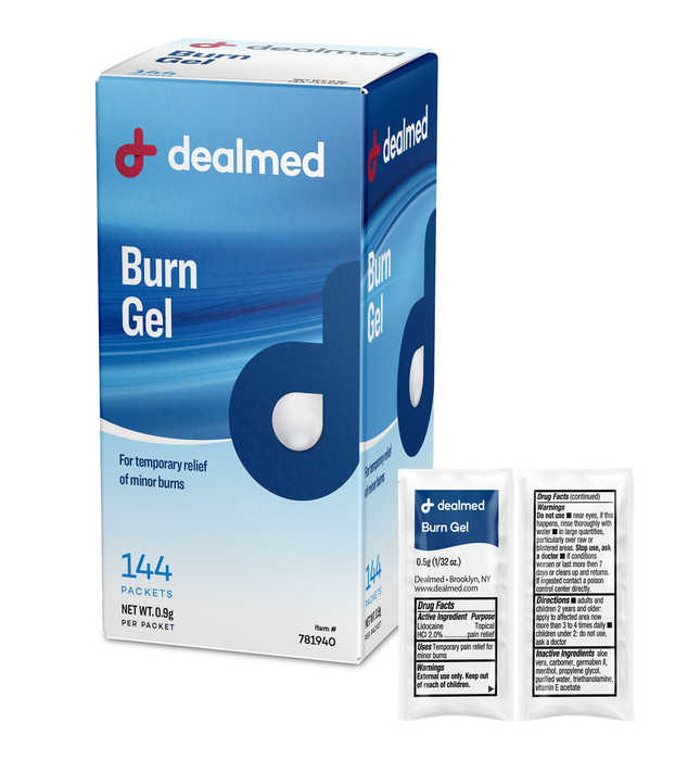 Dealmed Bundle - Fabric Adhesive Bandages + First Aid Burn Gel 0.9g Packs for Minor Burns, Cuts, and Scrapes + Latex Surgical Gloves