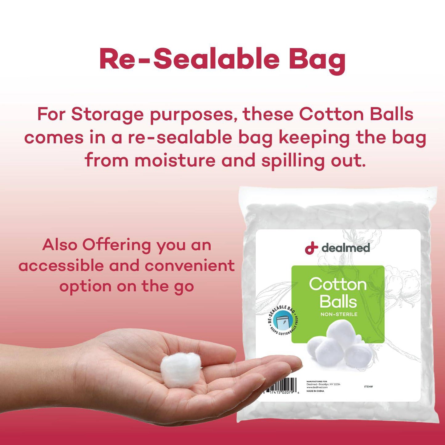 100% Cotton Balls - Medium-Sized, Non-Sterile, Resealable Bag for Versatile Use
