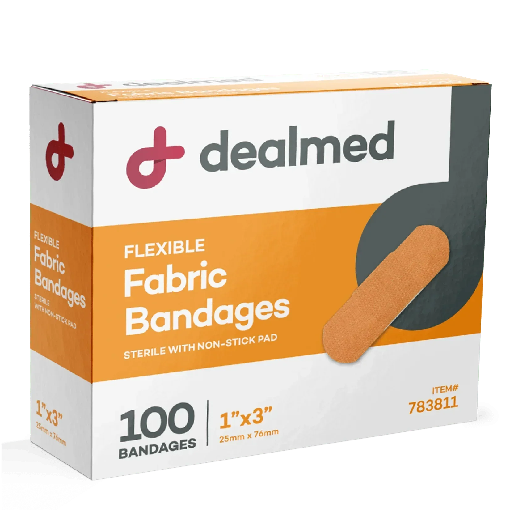 Box of Dealmed flexible fabric bandages, 1 x 3 inch, sterile, 100 count