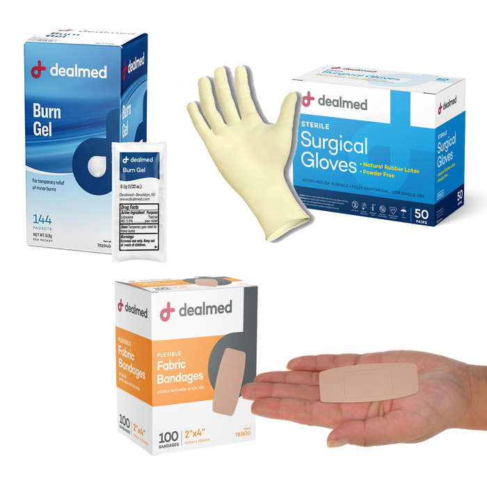 Dealmed Bundle - Fabric Adhesive Bandages + First Aid Burn Gel 0.9g Packs for Minor Burns, Cuts, and Scrapes + Latex Surgical Gloves